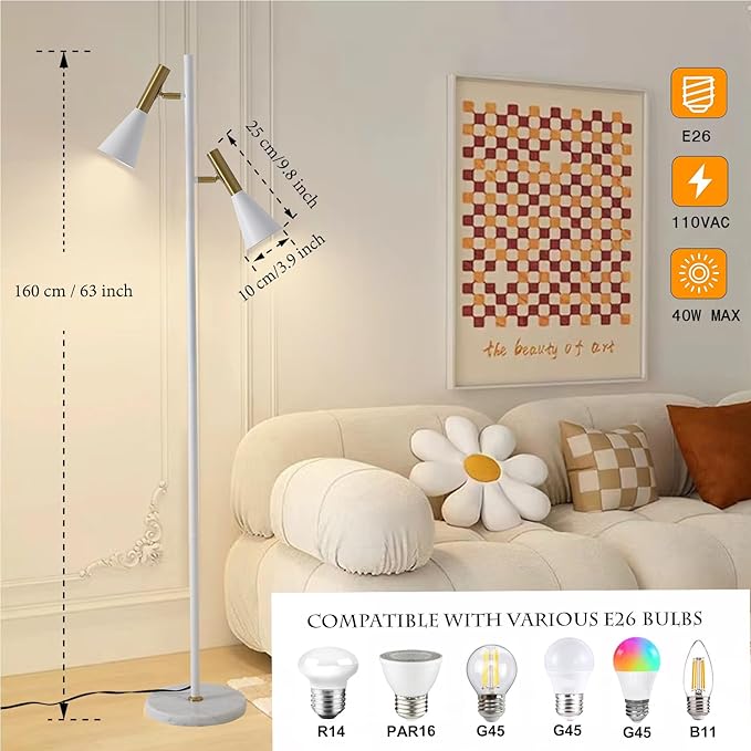 Elegant Modern Floor Lamp with 2 Adjustable Head,White and Gold Stand up Lamps with Marble Base,Tall Pole Uplight,Tree Floor Lamps for Living Room,Office - LeafyLoom