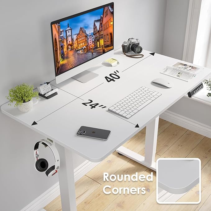 STARY Electric Adjustable Height Sit Stand Home Office Desk with Splice Board, 40x24, White Desktop/White Frame - LeafyLoom
