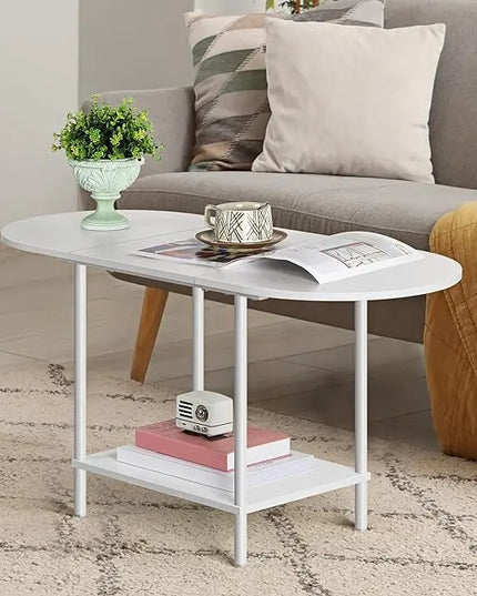 Small Oval Coffee Tables Modern Low Coffee Table for Small Space Mid Century Center Side Table with Open Shelving for Storage, Display, and Furniture Living Room & Home Office - LeafyLoom