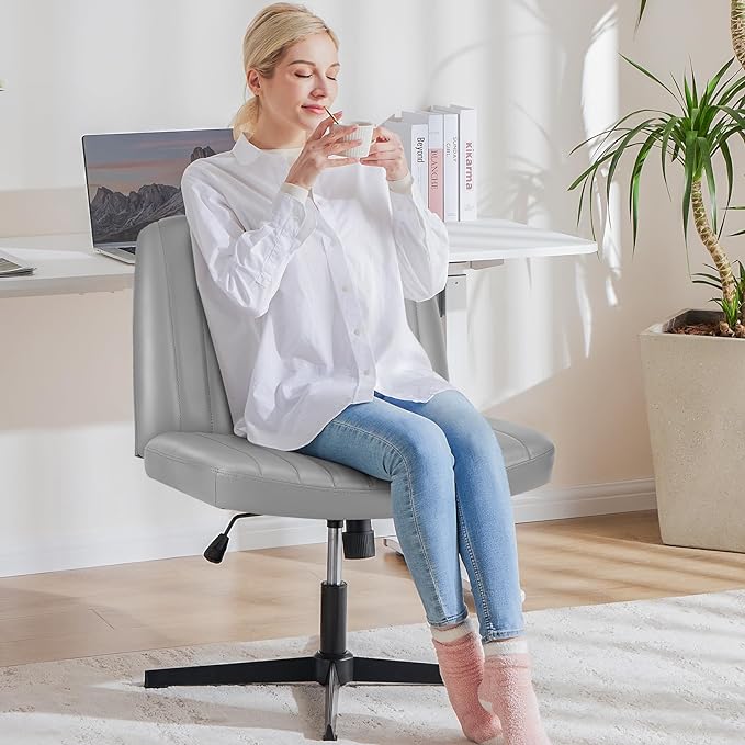 OLIXIS Cross Legged Armless Wide Adjustable Swivel Padded Home Office Desk Chair, Silver - LeafyLoom