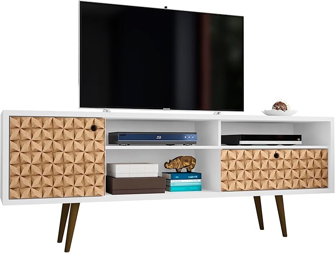 Manhattan Comfort Liberty Mid Century Modern TV Stand for Televisions up to 65 Inches, Bedroom and Living Room Entertainment Center with Storage, Shelves, and Cabinet, 71" Wide, White/3D Brown - LeafyLoom