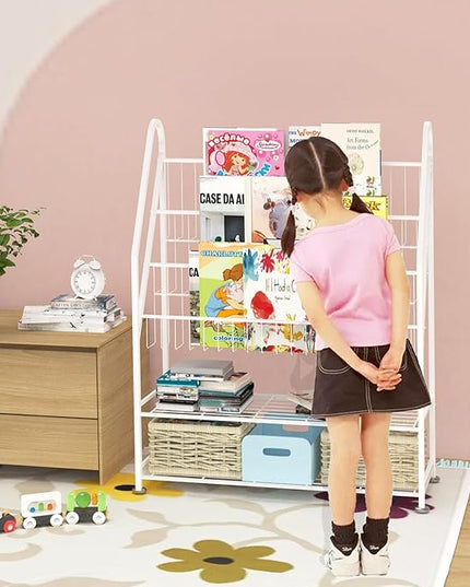 Kids Bookshelf Freestanding for Children Room 32 Inches White Metal Bookcase Large Capacity Books Toys Organizer Stable 5 Tiers Kids Book Rack for Playroom Bookstore Library. - LeafyLoom