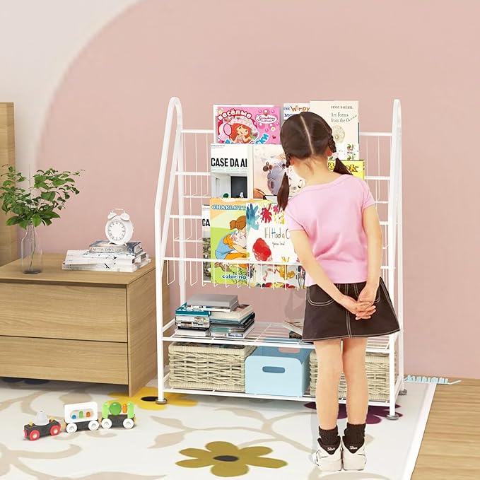 Kids Bookshelf Freestanding for Children Room 32 Inches White Metal Bookcase Large Capacity Books Toys Organizer Stable 5 Tiers Kids Book Rack for Playroom Bookstore Library. - LeafyLoom