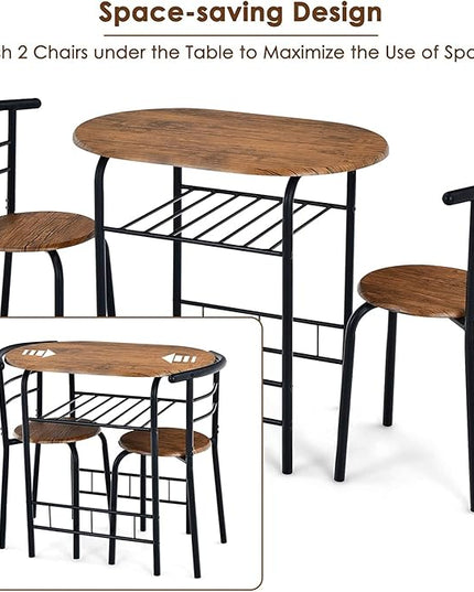 FANTASK 3 Piece Dining Table Set, Compact Table and 2 Chairs Set, w/Metal Frame and Storage Shelf, Breakfast Table Set for Apartment Kitchen Dining Room Cafe (Black & Brown) - LeafyLoom