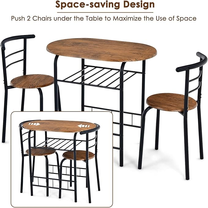 FANTASK 3 Piece Dining Table Set, Compact Table and 2 Chairs Set, w/Metal Frame and Storage Shelf, Breakfast Table Set for Apartment Kitchen Dining Room Cafe (Black & Brown) - LeafyLoom