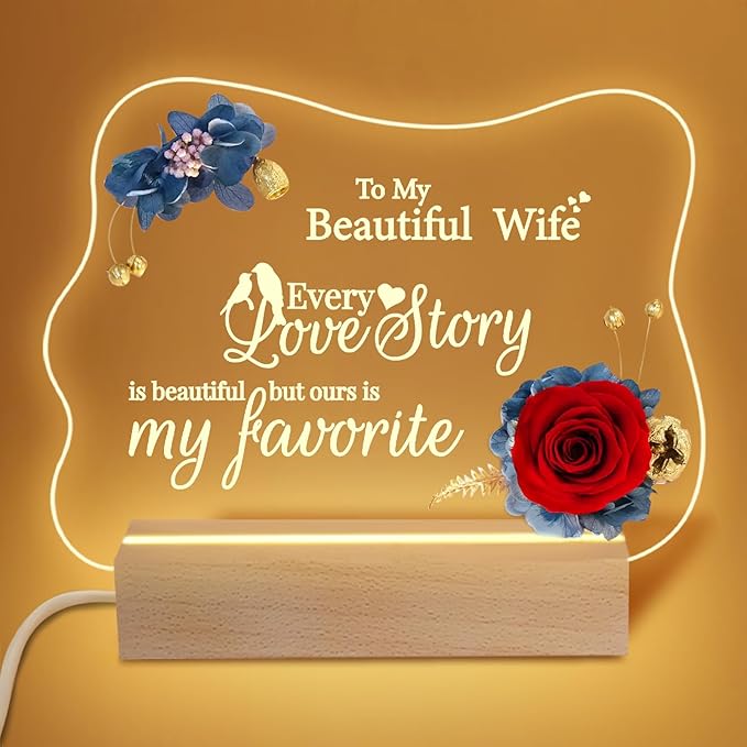 Valentines Day Gifts for Her, Handmade Acrylic Plaque with Eternal Real Rose, Night Light with Preserved Rose Romantic Gifts for Girlfriend Wife Women (Favorite Love Story) - LeafyLoom