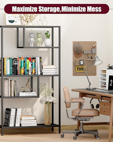 HOME BI Geometric Bookshelf, Tall Modern Etagere Bookcase, Industrial Metal Book Shelf with 5 Open Display Shelves for Office Living Room, Black - LeafyLoom