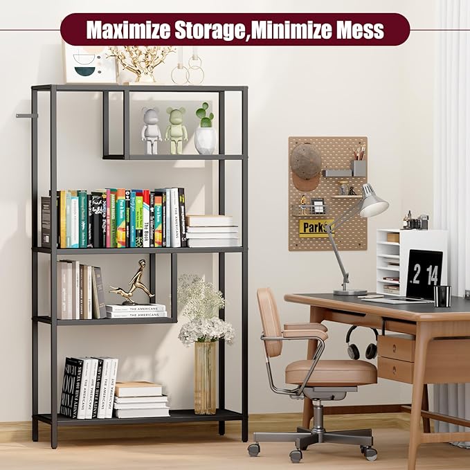 HOME BI Geometric Bookshelf, Tall Modern Etagere Bookcase, Industrial Metal Book Shelf with 5 Open Display Shelves for Office Living Room, Black - LeafyLoom