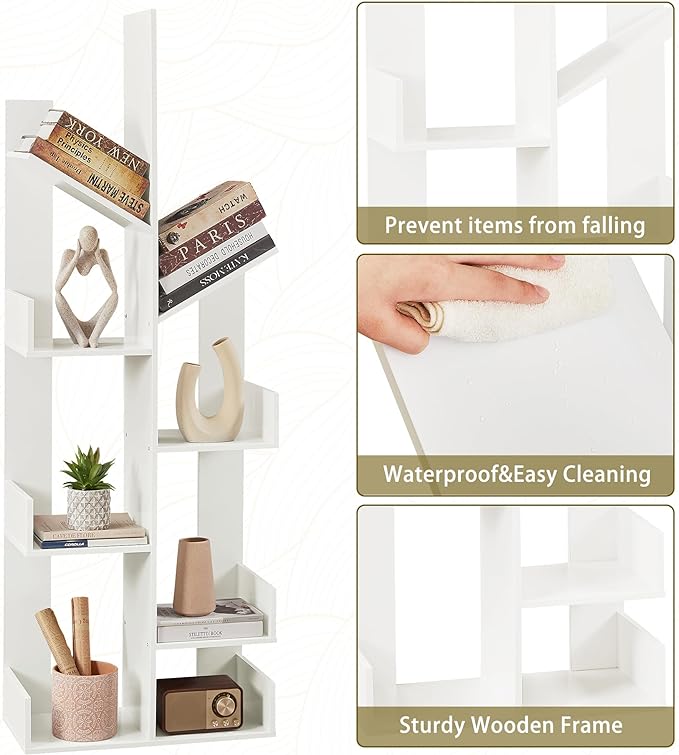 VECELO Tree Bookshelf,8 Shelf Storages Bookcase,Industrial Wooden Book Display Shelves for CDs/Movies/Books,FreeStanding Tree-Shaped Book Case Organizers for Home Office,Living Room,Ivory White - LeafyLoom