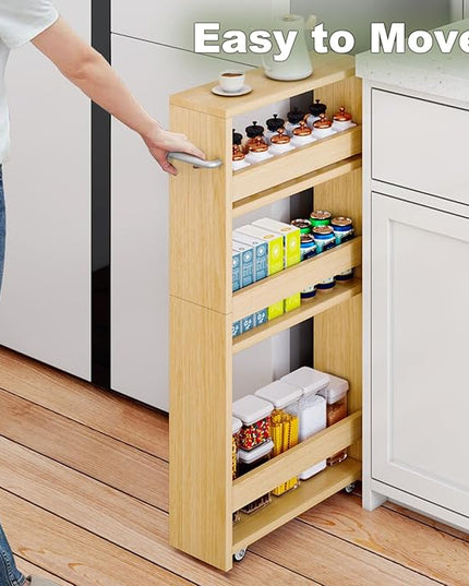 MARTY 4-Tier Rolling Storage Cart, Narrow Kitchen Cart with Wheels, Slim Storage Cart with Handle Slide Out Utility Cart Mobile Shelving Unit Laundry Bathroom Organizer (Maple) - LeafyLoom