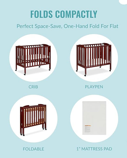 Dream On Me 3 in 1 Portable Folding Stationary Side Crib in Cherry, Greenguard Gold Certified, Safety Wheel with Locking Casters, Convertible, 3 Mattress Heights - LeafyLoom