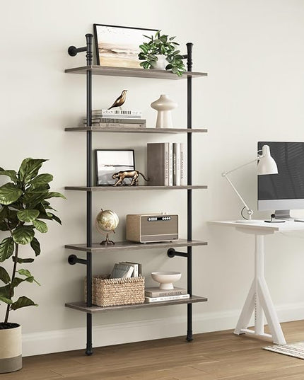 5 Tier Shelf, Wall Mounted Bookshelf, Industrial Bookcase, Open Display Shelves Tall Modern Book Case Standing Leaning Wall Shelves for Living Room Bedroom Home Office Kitchen, Oak Gray - LeafyLoom