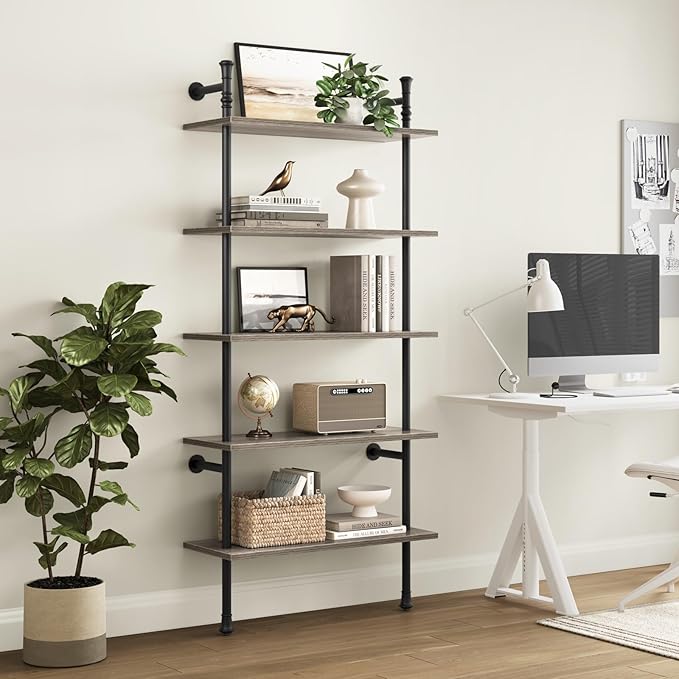 5 Tier Shelf, Wall Mounted Bookshelf, Industrial Bookcase, Open Display Shelves Tall Modern Book Case Standing Leaning Wall Shelves for Living Room Bedroom Home Office Kitchen, Oak Gray - LeafyLoom