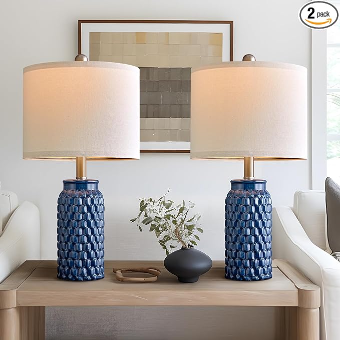 20.5 inches Modern Ceramic Dark Blue Bedside Lamp Set of 2 for Bedroom Decor Farmhouse Table Lamp for Living Room Office Dorm - LeafyLoom