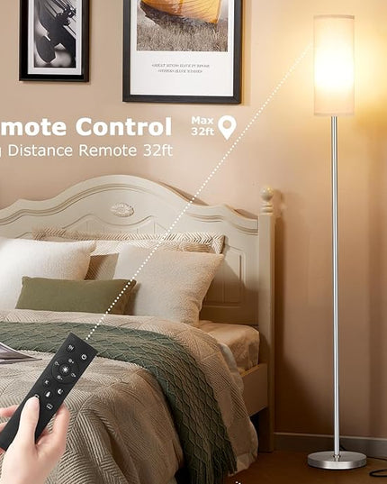 Ambimall 64'' Floor Lamps for Living Room with Remote Control and Stepless Dimmable Colors Temperature & Brightness, 9W Bulb Included(Beige Lampshade & Silver Pole) - LeafyLoom