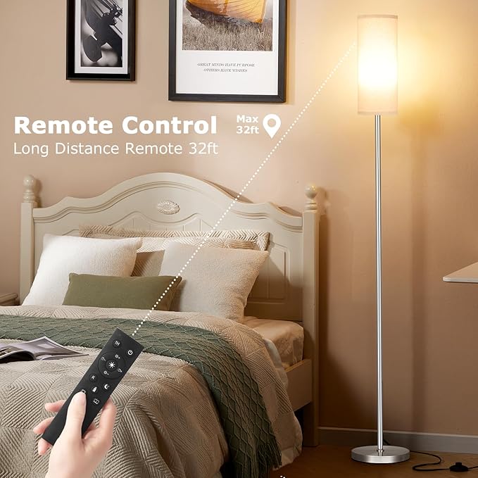 Ambimall 64'' Floor Lamps for Living Room with Remote Control and Stepless Dimmable Colors Temperature & Brightness, 9W Bulb Included(Beige Lampshade & Silver Pole) - LeafyLoom