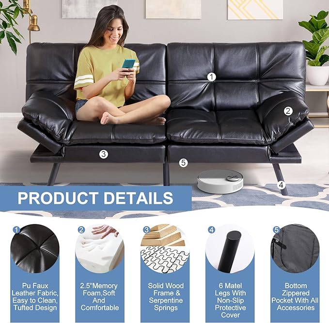 MUUEGM Futon Sofa Bed Convertible Memory Foam Sleeper Couch,Modern Faux Leather Daybed Love seat for Living Room Office Apartment Small Space,Adjustable Arm&Back,71" Sofabed, Black - LeafyLoom