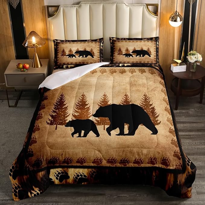 Bear Comforter Set King Size Farmhouse Wild Animal Comforter Retro Bear Family Bedding Set for Kids Boys Girls Brown Bear Paws Duvet Set Rustic Bedroom Decor Quilted Set 3Pcs - LeafyLoom