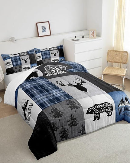Deer Antler Bear Kids Comforter Set Twin Size,Hunting Adventure Bedding Set for Boys Girls Adults Room Decor,Geometric Plaids Patchwork Down Comforter,Rustic Farmhouse Duvet Insert,1 Pillowcase - LeafyLoom