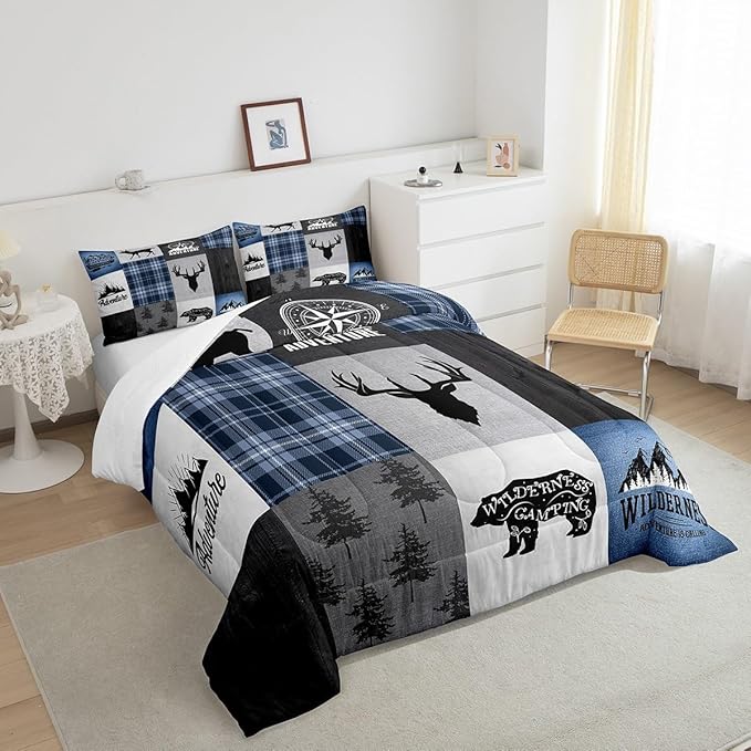 Deer Antler Bear Kids Comforter Set Twin Size,Hunting Adventure Bedding Set for Boys Girls Adults Room Decor,Geometric Plaids Patchwork Down Comforter,Rustic Farmhouse Duvet Insert,1 Pillowcase - LeafyLoom