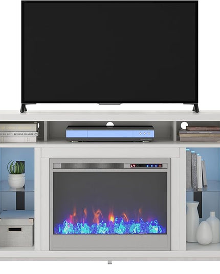 Ameriwood Home Lumina Fireplace TV Stand for TVs up to 48 Inch, Replaceable Electric Fireplace Insert Heater, Remote Control, Timer, Color Changing LED Lights, Crystal Ember Flames, White - LeafyLoom