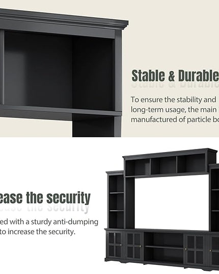 103Inch Entertainment Wall Unit with Bridge, Stand Media Console Table for TVs Up to 75" with Adjustable Shelves, Ample Storage Space for Living Room, Black - LeafyLoom