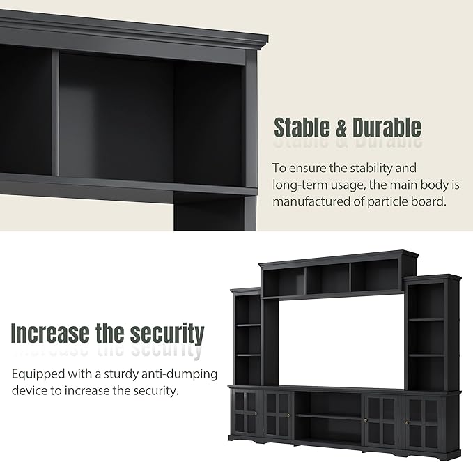 103Inch Entertainment Wall Unit with Bridge, Stand Media Console Table for TVs Up to 75" with Adjustable Shelves, Ample Storage Space for Living Room, Black - LeafyLoom