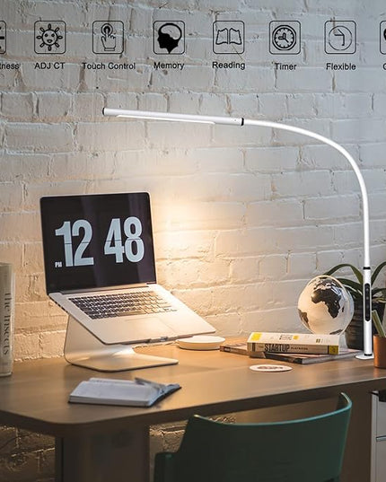 Eye-Caring Desk Lamp, Gooseneck Lamp with Clamp, Swing Arm Desk Light, Adjustable Brightness & Color Temperatures, Memory & Timer Function, Clip on Desk Lamp for Home Office, 12W, White - LeafyLoom