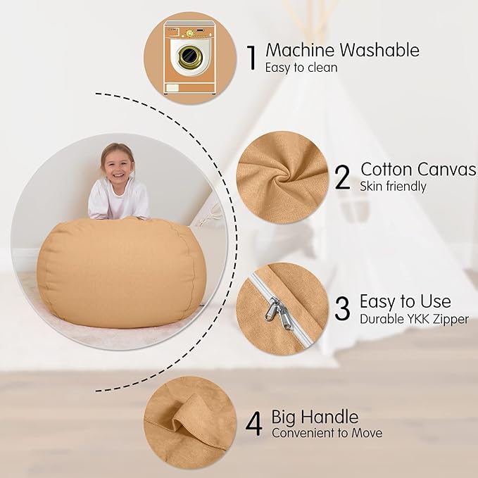 Aubliss Stuffed Animal Bean Bag Storage Chair (Solid Khaki, Medium (32'')) - LeafyLoom