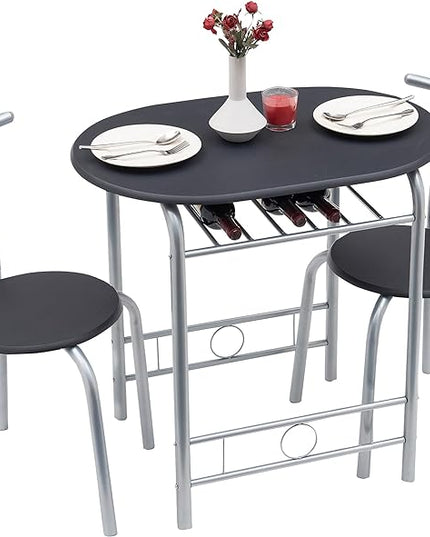 VECELO 3 Piece Small Round Dining Table Set for Kitchen Breakfast Nook, Wood Grain Tabletop with Wine Storage Rack, Save Space, 31.5 Inch, Black and Silver - LeafyLoom