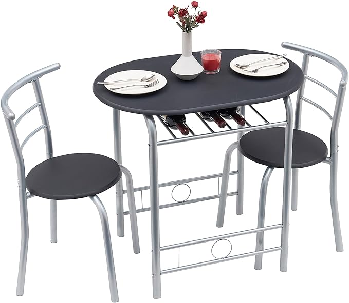 VECELO 3 Piece Small Round Dining Table Set for Kitchen Breakfast Nook, Wood Grain Tabletop with Wine Storage Rack, Save Space, 31.5 Inch, Black and Silver - LeafyLoom