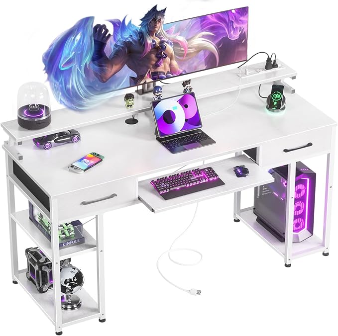 ODK Computer Desk with Drawers & Power Outlet, 55 Inch Office Desk with Keyboard Tray & Storage Shelves & PC Stand, Office Table Work Desk with Monitor Stand, White - LeafyLoom