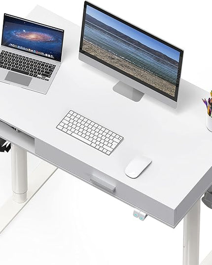 SHW Claire 40-Inch Height Adjustable Electric Standing Desk with Drawer, White - LeafyLoom
