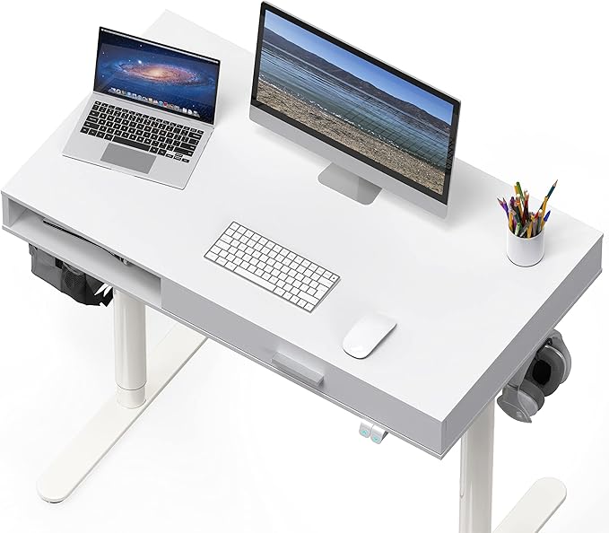 SHW Claire 40-Inch Height Adjustable Electric Standing Desk with Drawer, White - LeafyLoom
