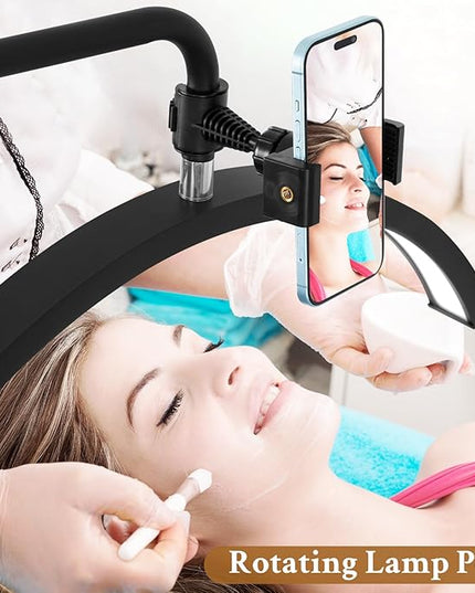 Lash Light for Eyelash Tech - Led Half Moon Light for Tattoo Artists, Esthetician Lights for Eyelash Extensions - Adjustable Brightness & Height, Warm to Cool Floor Lash Lamp with Phone Holder - LeafyLoom