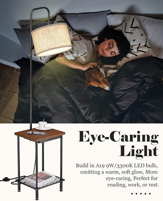 ELYONA Industrial Table Floor Lamp, Solid Wood End Table lamp with USB Type-C Charging Port & Power Outlet, Side Table Shelf Tall Pole Standing Light for Living Room,Bedroom,LED Bulb Included, Brown - LeafyLoom