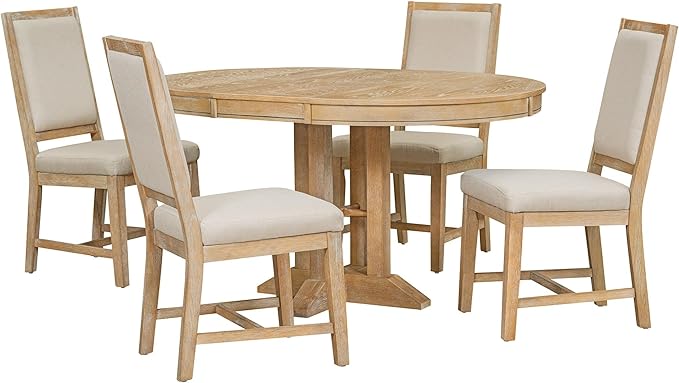 Farmhouse 5-Piece Dining Set, Included Retro Extendable Round Table with X-Shape Base and 4 Upholstered Chairs, Solid Wood Adjustable Dinette Furniture for Kitchen, Living Room, Natural+Beige - LeafyLoom