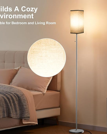 Floor Lamps for Living Room Bedroom - 3 Color Temperature Silver Standing Lamps with Pull Chain Switch, Modern Tall Lamp for Office Home Nursery, Pole Lamp with Black Lampshade for Reading - LeafyLoom
