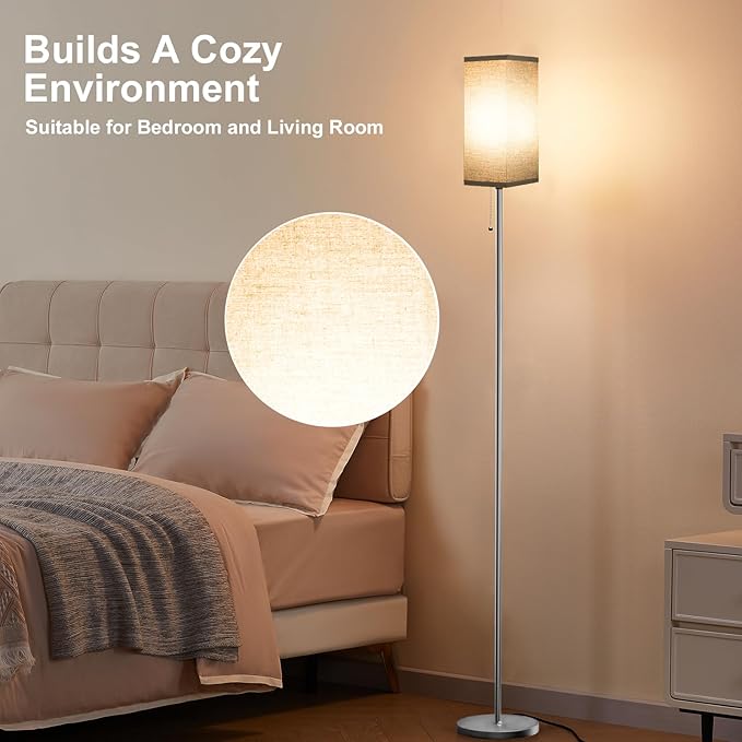 Floor Lamps for Living Room Bedroom - 3 Color Temperature Silver Standing Lamps with Pull Chain Switch, Modern Tall Lamp for Office Home Nursery, Pole Lamp with Black Lampshade for Reading - LeafyLoom