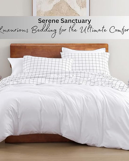 LANE LINEN 100% Organic Cotton Sheets Queen, 4-Piece Bed Sheets Queen Size Cotton, Luxury Sheets, Percale Weave,Breathable Bed Sheets Queen Size Deep Pockets Fits Upto 15" - Windowpane - LeafyLoom