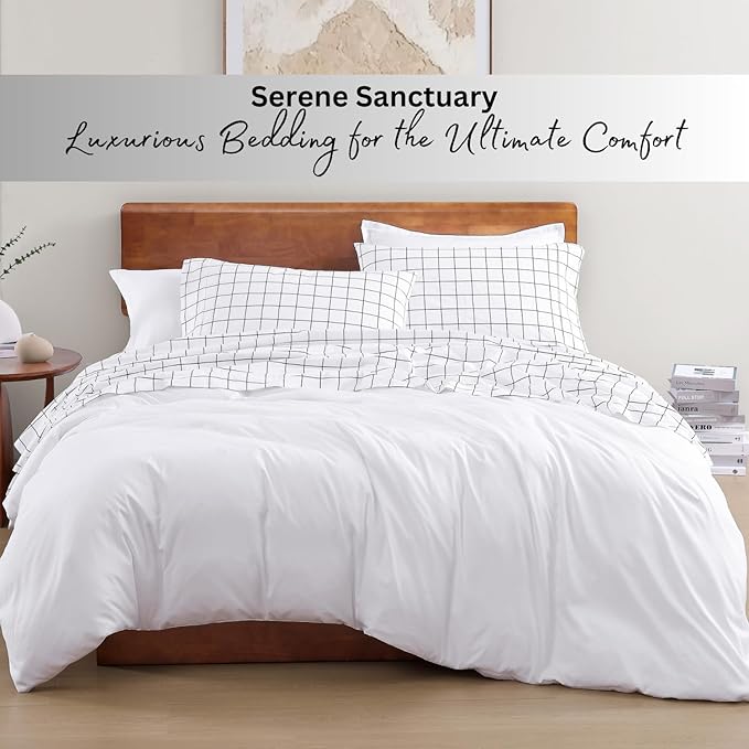 LANE LINEN 100% Organic Cotton Sheets Queen, 4-Piece Bed Sheets Queen Size Cotton, Luxury Sheets, Percale Weave,Breathable Bed Sheets Queen Size Deep Pockets Fits Upto 15" - Windowpane - LeafyLoom