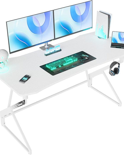 CubiCubi Simple Gaming Desk Z Shaped 40 inch Gamer Workstation, Home Computer Carbon Fiber Surface Gaming Desk PC Table with Headphone Hook, White - LeafyLoom