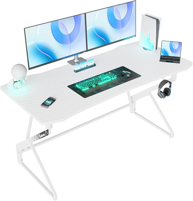 CubiCubi Simple Gaming Desk Z Shaped 40 inch Gamer Workstation, Home Computer Carbon Fiber Surface Gaming Desk PC Table with Headphone Hook, White - LeafyLoom