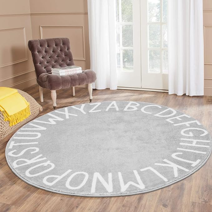 Topotdor Round Kids Play Rug Alphabet Nursery Area Rug Extra Large Soft Crawling Play Mat for Children Toddlers Bedroom (63 inch, Grey) - LeafyLoom