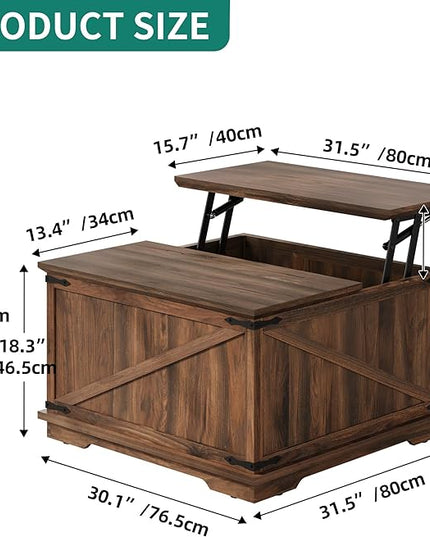 YITAHOME Farmhouse Lift Top Coffee Table, Square Wood Center Table with Large Hidden Storage Compartment for Living Room, Rustic Cocktail Table with Lift Top for Home Office,Reclaimed Barnwood - LeafyLoom