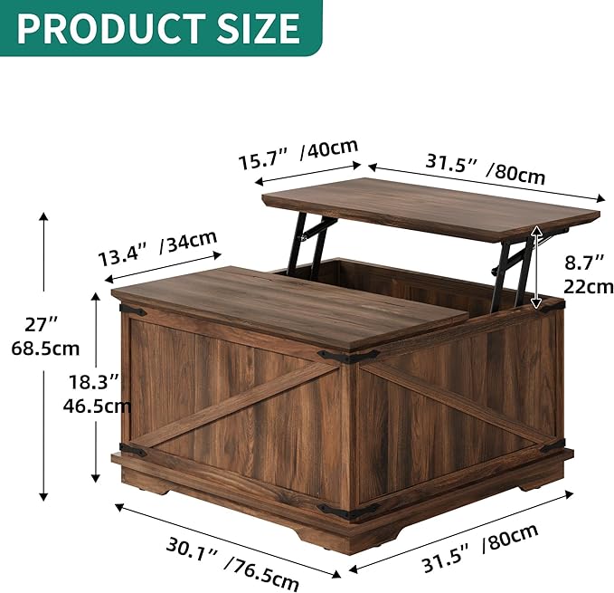 YITAHOME Farmhouse Lift Top Coffee Table, Square Wood Center Table with Large Hidden Storage Compartment for Living Room, Rustic Cocktail Table with Lift Top for Home Office,Reclaimed Barnwood - LeafyLoom