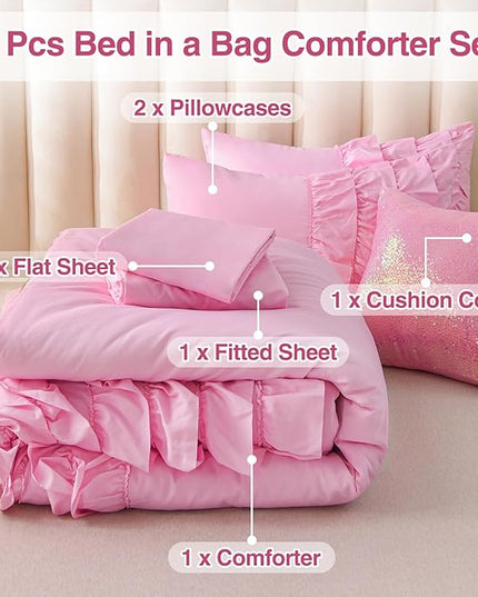 A Nice Night Waterfall Flutter Ruffle Comforter Set,Ruffled Textured Soft Chic Princess 6pcs Bedding Set,with Bling Shiny Sequin Throw Pillow Case,DarkPink,Full - LeafyLoom