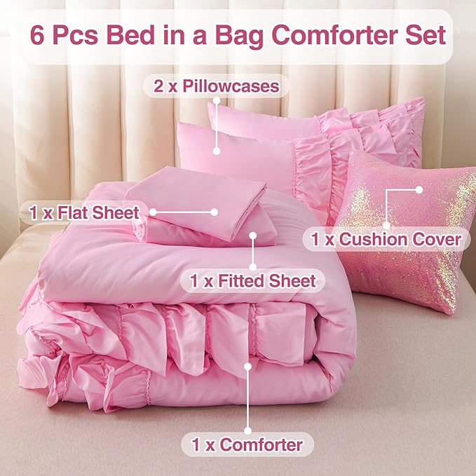A Nice Night Waterfall Flutter Ruffle Comforter Set,Ruffled Textured Soft Chic Princess 6pcs Bedding Set,with Bling Shiny Sequin Throw Pillow Case,DarkPink,Full - LeafyLoom