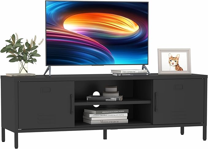 TV Stand for 55 60 inch TV, Metal TV Cabinet Modern Mid Century Entertainment Center with Storage, TV Industrial Media Console Table 2 Cabinet for Living Room, Bedroom, Office (Black) - LeafyLoom