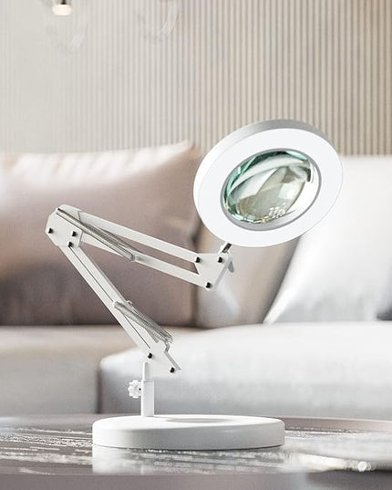 10X Magnifying Glass with Light, HITTI 1,800 Lumens Stepless Dimmable, 3 Color Modes, 4.2″ Real Glass Lens LED Magnifying Desk Lamp & Clamp, Magnifier Light and Stand for Crafts Close Work-White - LeafyLoom